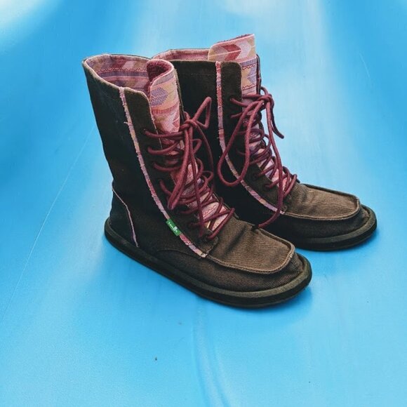 Sanuk Pink Fleece Lined Brown Canvas Lace-Up Boots US Size 5 - Picture 1 of 6